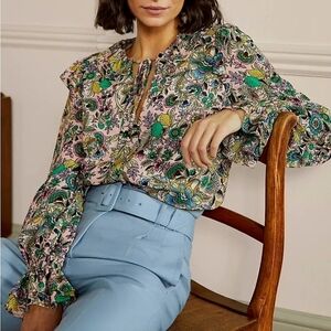 Boden Ruffle Neck Button Down Green Floral Blouse Size 6